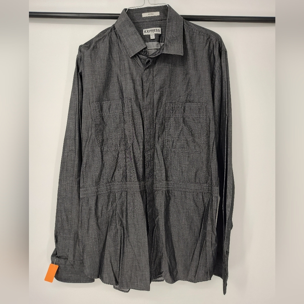 Express Men's Dark Gray Long-Sleeve Button Down Shirt Size Large